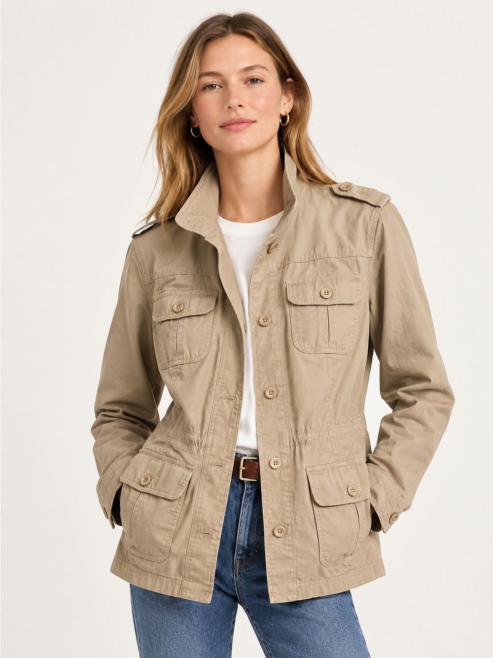 Vintage LL Bean S Khaki Cotton Safari Utility Jacket Fall Preppy Neutral Cottage
